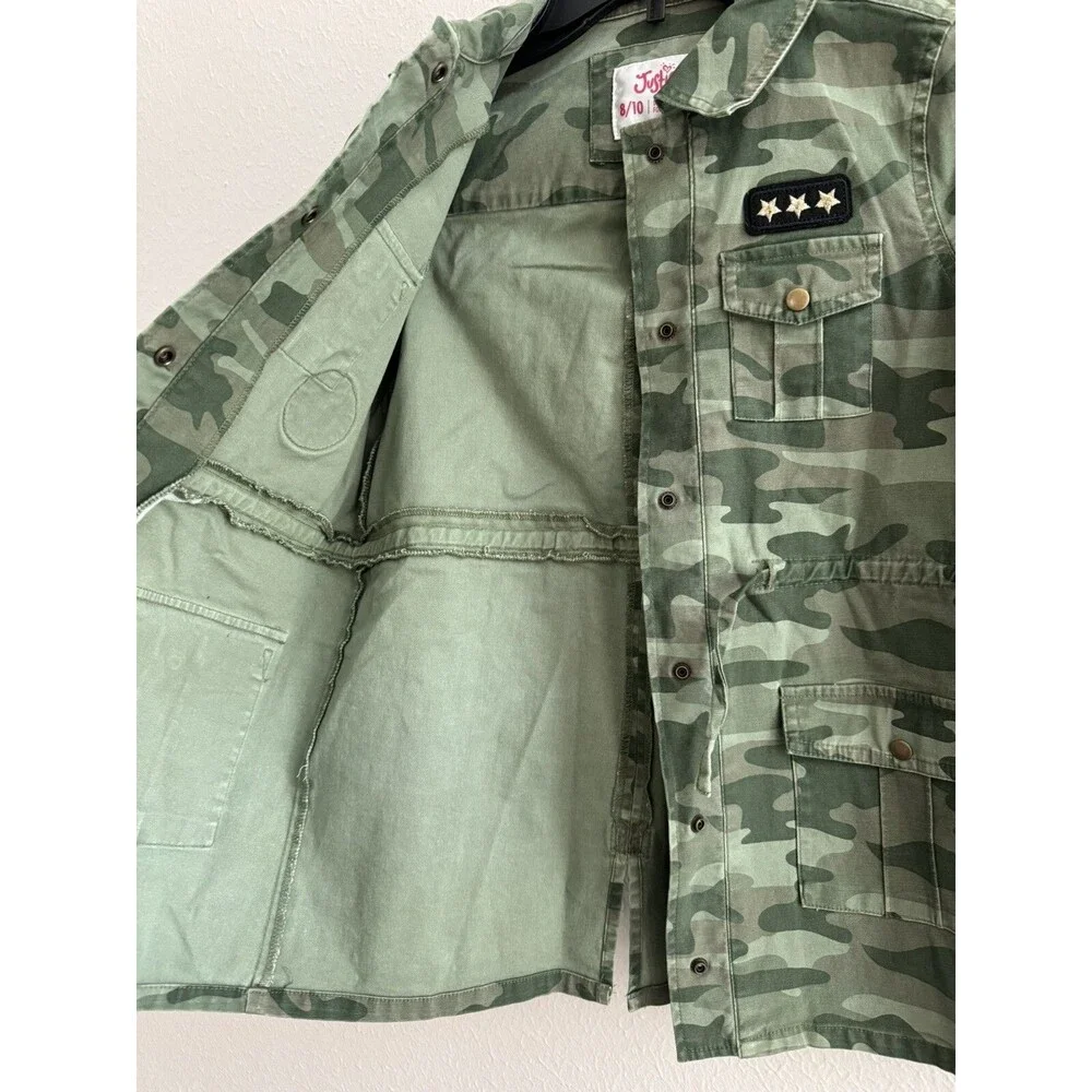 Justice jacket Girls Camouflage Drawstring Waist Button Down Jacket Size 6/7